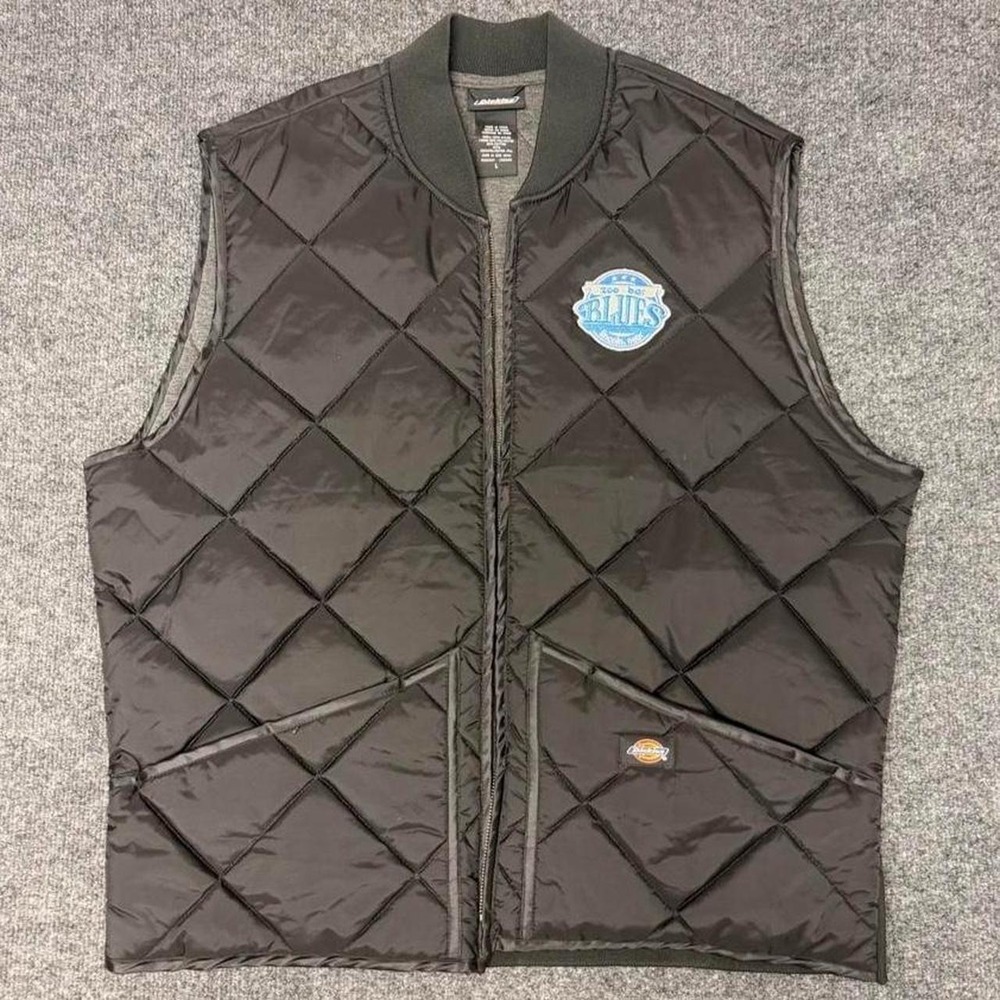 Dickies Mens Large Black Quilted Vest Y2K Zoo Bar Blues Patch Workwear Full Zip